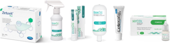 Image showing a lineup of products, including the BIAKŌS® Antimicrobial Skin & Wound Cleanser, the BIAKŌS® Antimicrobial Skin & Wound Irrigation Solution, the BIAKŌS® Antimicrobial Wound Gel, the HYCOL® Hydrolyzed Collagen Powder, and the CellerateRX® Gel 