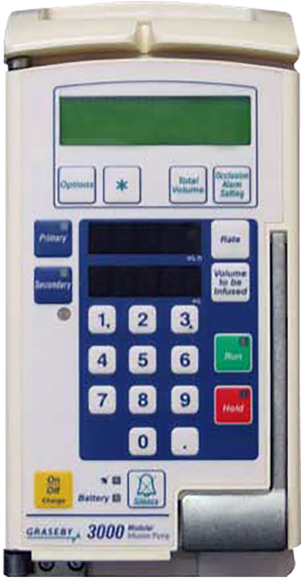 ICU Medical formally Smiths Medical Mustang 3000 large volume pole mounted infusion pump. Graseby 3000, Deltec 3000. InfuSystem Equipment Catalog.