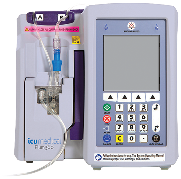 ICU Medical Plum 360 pole mounted infusion system. InfuSystem Equipment Catalog.