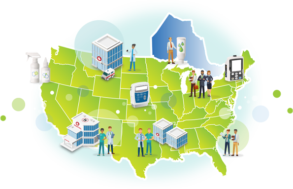 Illustrated map showing InfuSystem's reach across 2,000+ care sites serving 1M+ patients.
