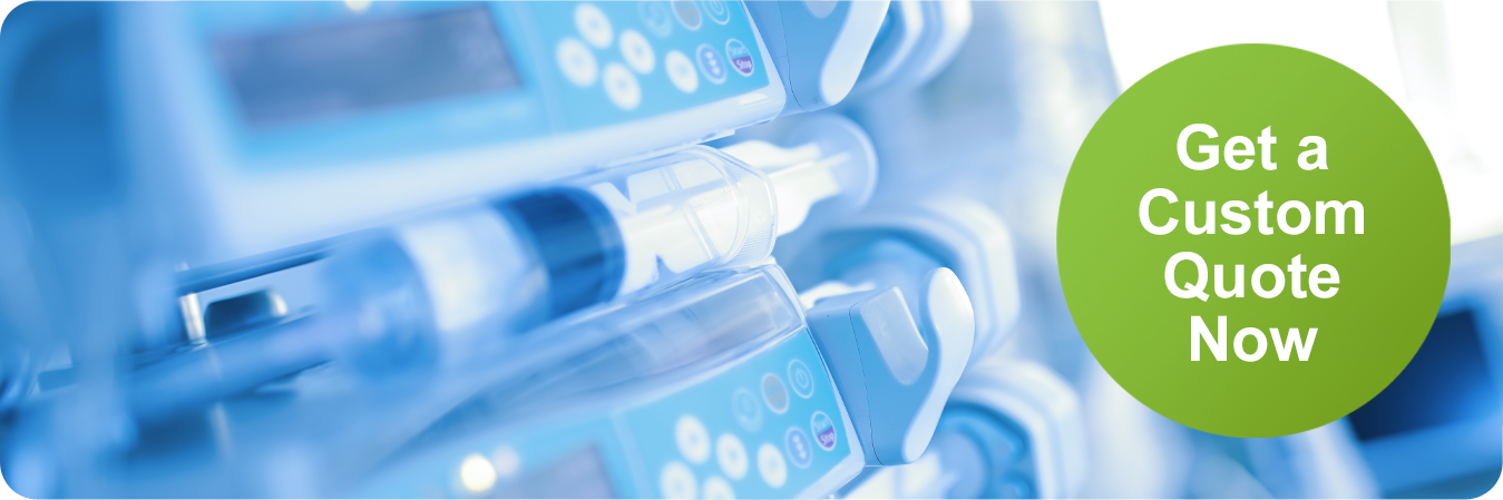 Photo of syringe pumps with a custom quote request button inviting users to obtain customized  pricing information.