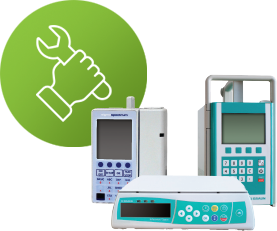 Three infusion pumps displayed with a service and repair icon.