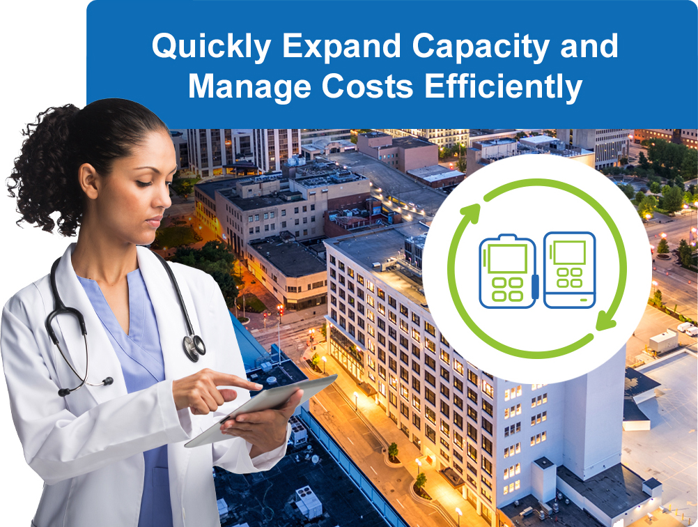 Health care professional using a tablet over a hospital cityscape, with an icon representing InfuSystem’s nationwide infusion equipment support and a caption that reads "Quickly Expand Capacity and Manage Costs Efficiently".