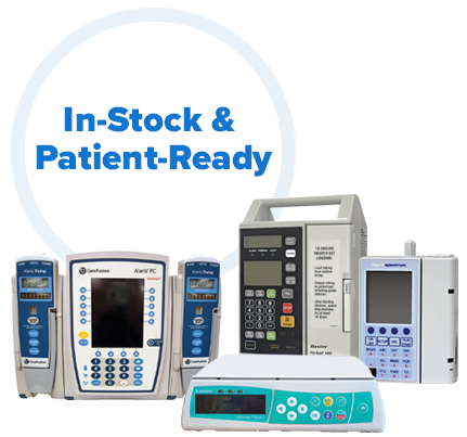 A group of in-stock infusion pumps including Alaris, Baxter Sigma Spectrum, Flo-Gard and Infusomat Space models displayed against a clear background with the text "In-Stock & Patient-Ready," representing InfuSystem's inventory available for immediate sale, rental or lease.