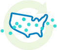 Map of the United States with dots across the map, showing the range of InfuSystem's Nationwide Managed Care Payer Contracts