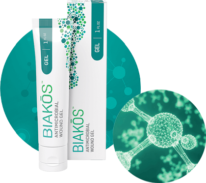 Bottle and Box of BIAKŌS® Antimicrobial Wound Products Patented Technology and Ingredients, with a Microbial Image Next to It
