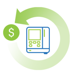 A circular icon featuring a green dollar sign arrow looping around a blue infusion pump, symbolizing InfuSystem's program to turn obsolete infusion pumps into capital through equipment buyback.