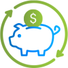 Image of a green and blue piggy bank icon featuring a prominent dollar sign, symbolizing flexible financing & fast shipping for syringe pumps.