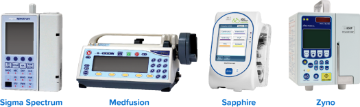  A grouping of infusion pumps, prominently showcasing Sigma Spectrum, Medfusion, Sapphire, and Zyno medical devices for preventative maintenance services.