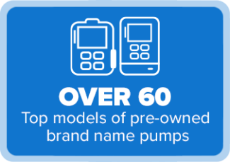 A blue badge graphic with icons of two infusion pumps and the text "Over 60 Top models of pre-owned brand name pumps," highlighting InfuSystem's broad selection of pre-owned infusion equipment.