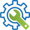 Image of a blue and green gear wheel icon featuring a wrench positioned within its center, symbolizing full-service biomedical support from InfuSystem's biomedical technicians.