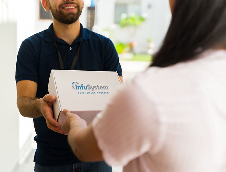 A man hands a box to a woman, symbolizing reliable delivery of wound care products from Apollo Medical Supply.