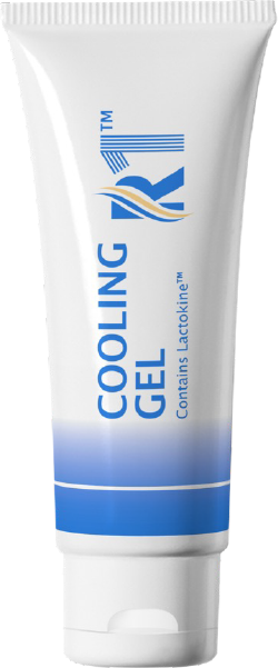 Tube of Radiaderm R1™ Cooling Gel with Lactokine™ milk protein for all skin types, the first step in the full R1™ & R2™ system, standing upward.