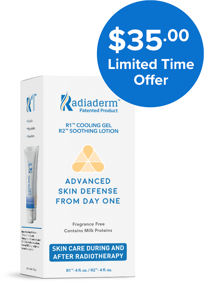 Package for Radiaderm R1™ & R2™ system pack for all skin types with price tag of $35 to the side.