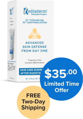 Package for fragrance free Radiaderm R1™ & R2™ system pack for all skin types with price tag  of $35 and free two-day shipping callouts to the side.