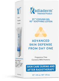 Box of Radiaderm R1™ and R2™ radiation therapy skin care. Has the text "Advanced Skin Defense from Day One" in the middle.