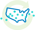 Map of the United States with dots across the map, showing the range of InfuSystem's Nationwide Managed Care Payer Contracts