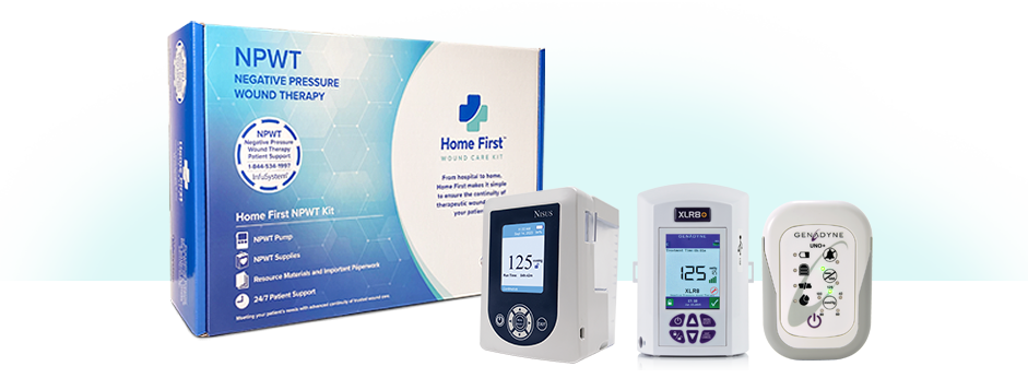 Image of Home First® Wound Care Kit Box and three pumps which provides Negative Pressure Wound Therapy (NPWT) Custom Solutions for Complex Wounds 