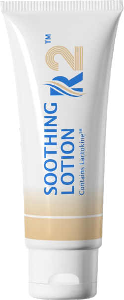 Tube of Radiaderm R2™ Soothing Lotion with Lactokine™ milk protein for all skin types, the second step in the full R1™ & R2™ system, standing upward.