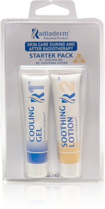 Box of Radiaderm R1™ and R2™ radiation skin care. Has the text "Advanced Skin Defense from Day One" in the middle along with "Fragrance Free", "Contains Milk Proteins", and "Skin Care During and After Radiotherapy".