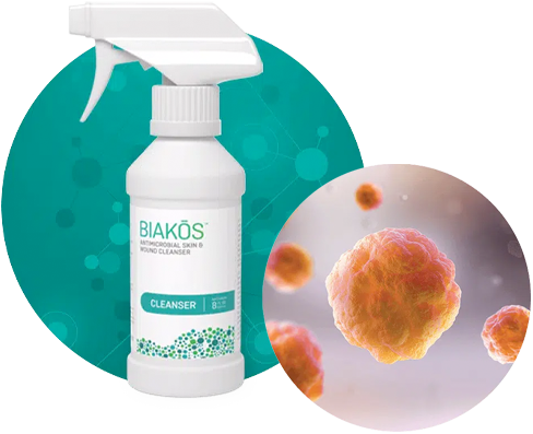 Bottle of BIAKŌS® ANTIMICROBIAL SKIN & WOUND CLEANSER Mechanical Cleansing and Removal of Debris, Dirt and Foreign Materials, with a Microbial Image Next to It