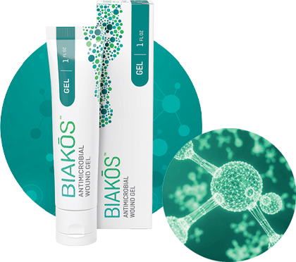 Bottle and Box of BIAKŌS® Antimicrobial Wound Products Patented Technology and Ingredients, with a Microbial Image Next to It