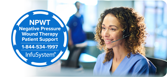 Badge that Reads "Negative Pressure Wound Therapy Patient Support 1-844-534-1997" with a Smiling Nurse