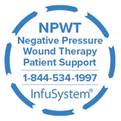 Badge that says "NPWT Negative Pressure Therapy Patient Support InfuSystem 1-844-534-1997"