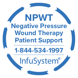 Badge That Reads "InfuSystem NPWT Negative Pressure Wound Therapy Patient Support 1-844-534-1997"